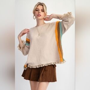 7-1121 *Boutique* Easel Color Block Cotton Rib Knit Retro Lace Mixed Media Top